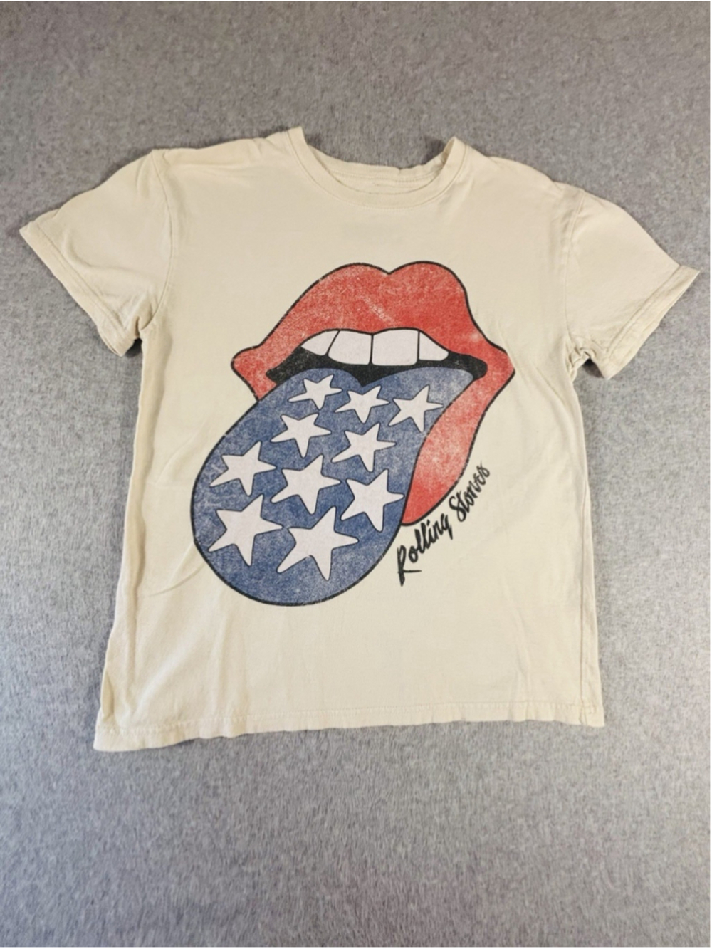 Rolling Stones Tongue T Shirt Mens M Beige USA Flag Graphic Band Tee